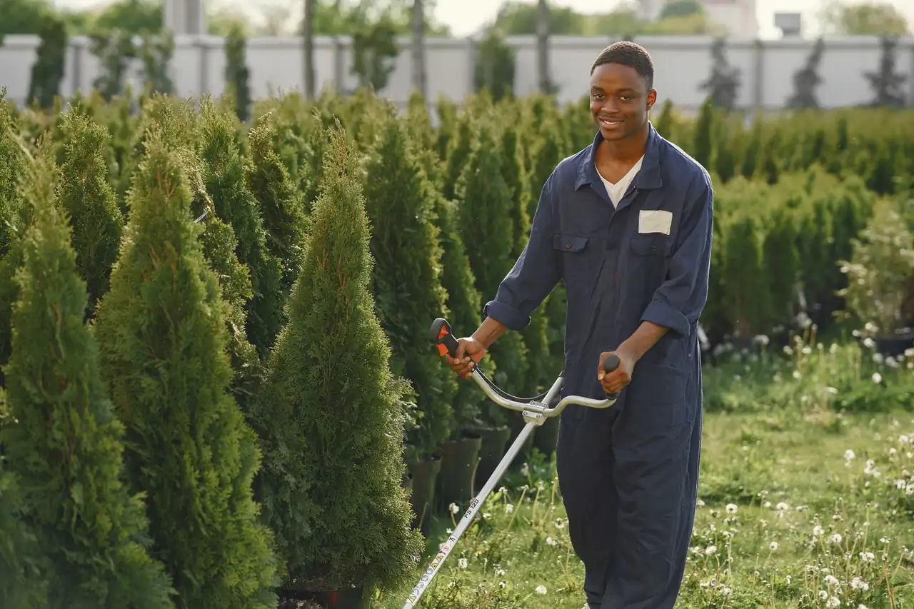 A landscaper trimming greenery during a routine property maintenance visit