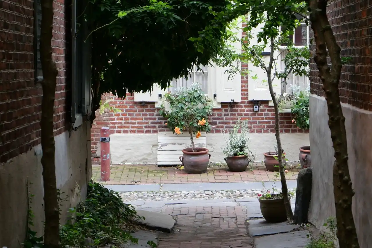 Brick-walled walkway