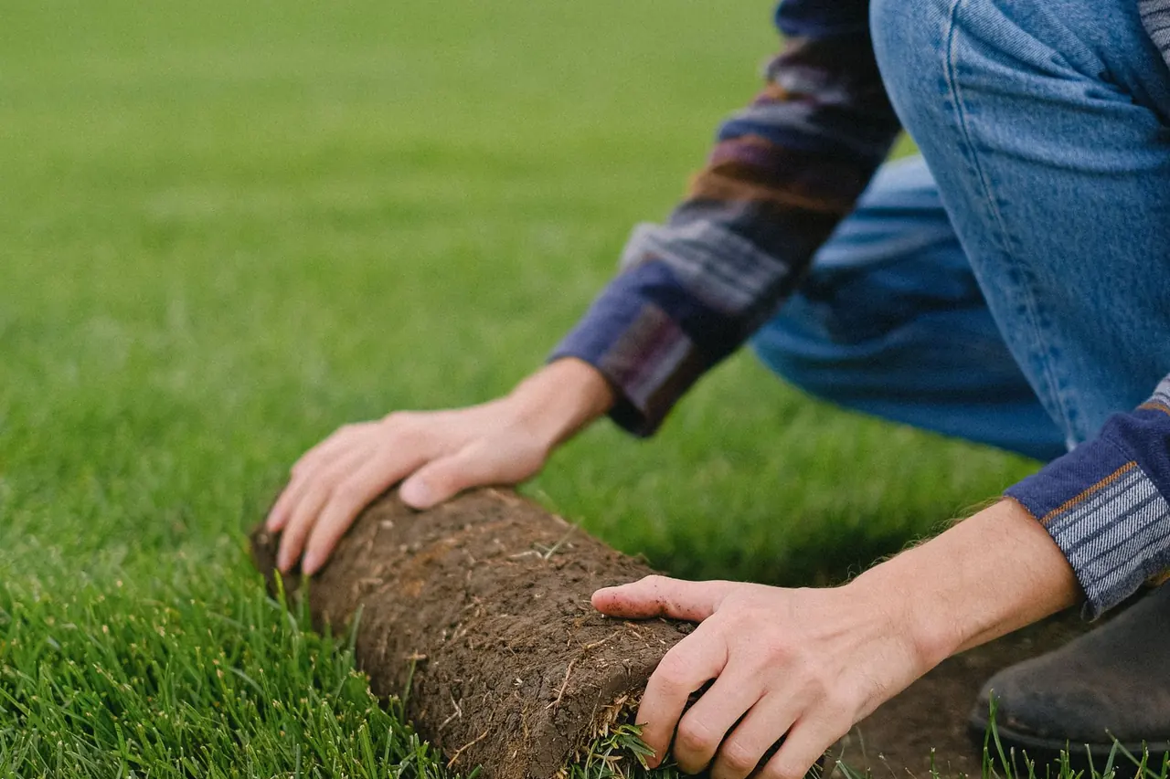 A landscaper laying turf rolls to establish a new lawn