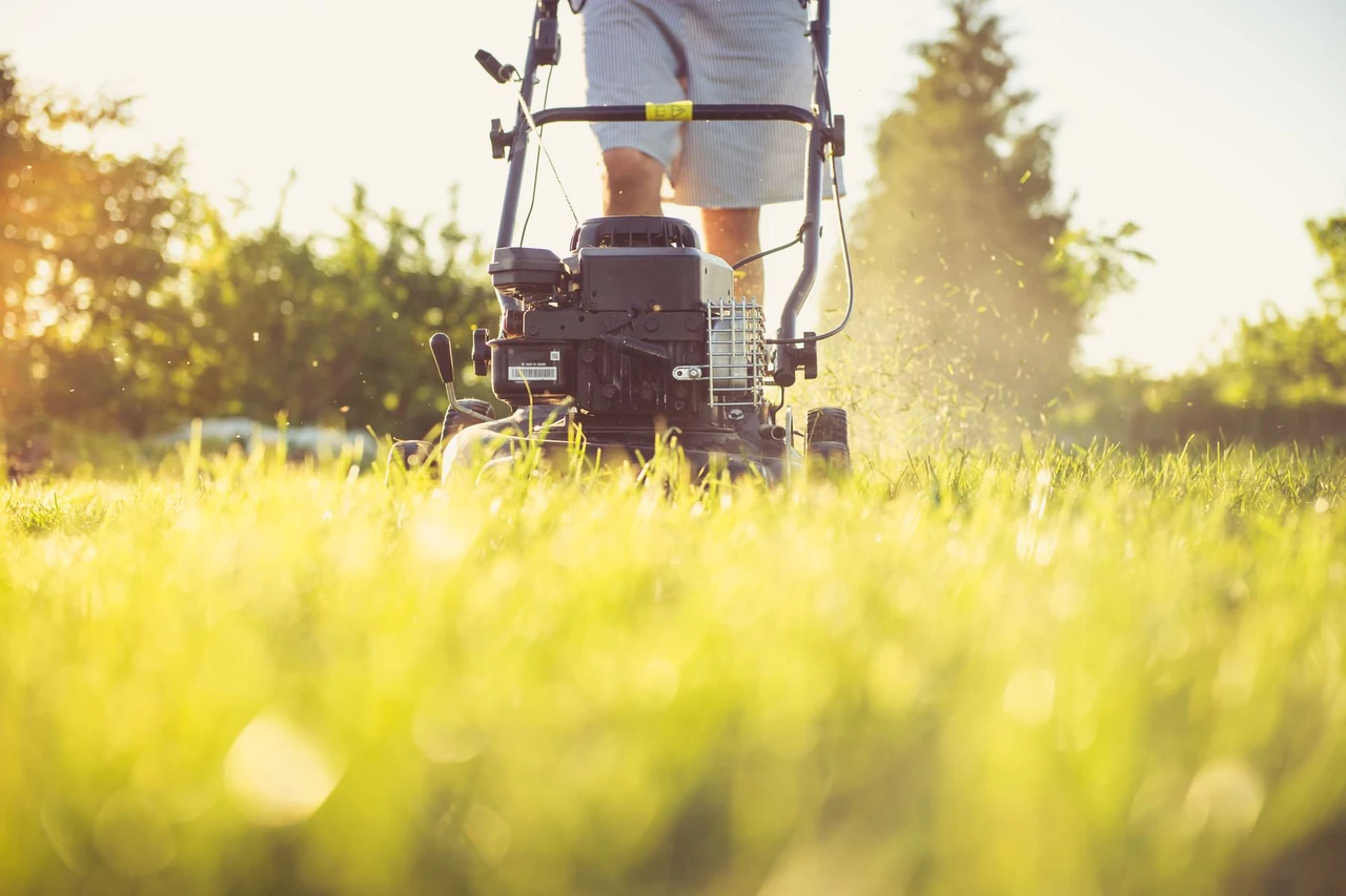 A lawn care technician mowing a residential lawn with a push mower